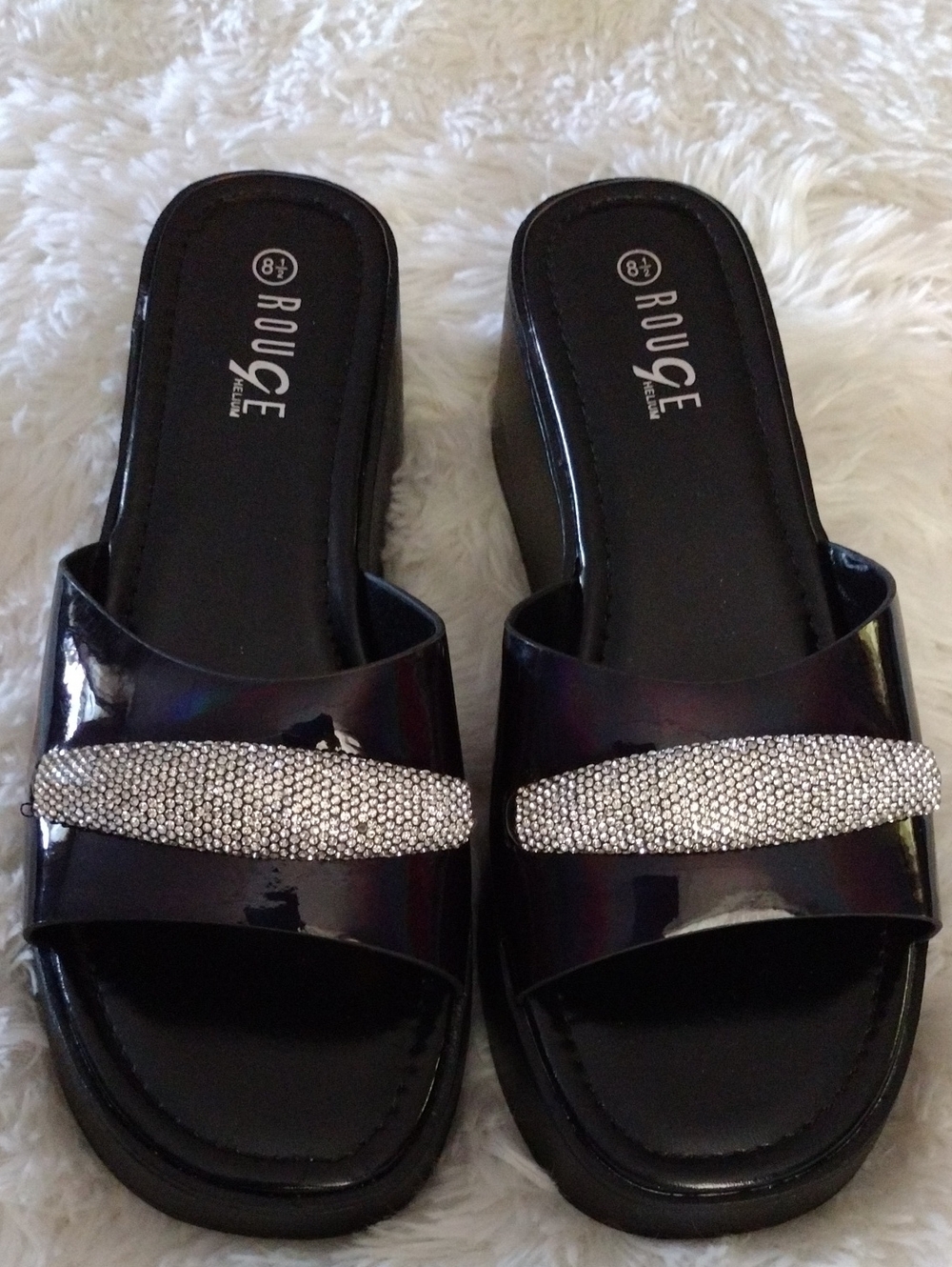 Rouge Helium Black Patent Slide Sandals with Crystal Strap